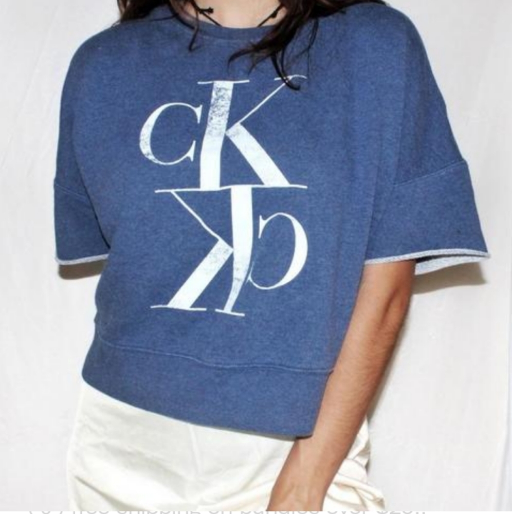 Blue Calvin Klein short sleeve cropped sweatshirt/pullover
